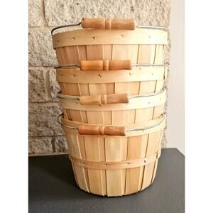 4 Round wood baskets w/ handles, 9 in round, 6 in tall. Farmers market Craft NEW